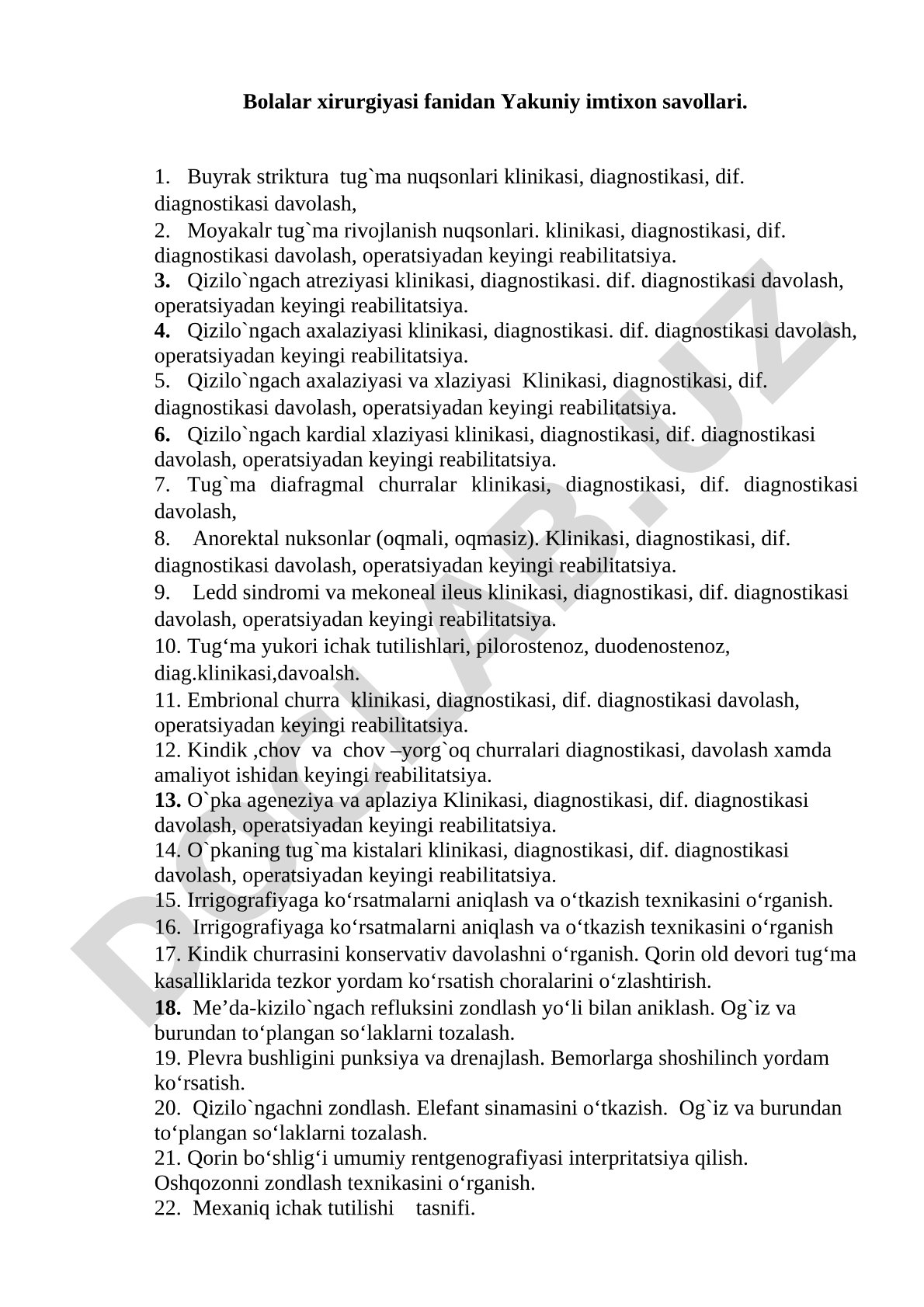 Bolalar xirurgiyasi fanidan Yakuniy imtixon savollari