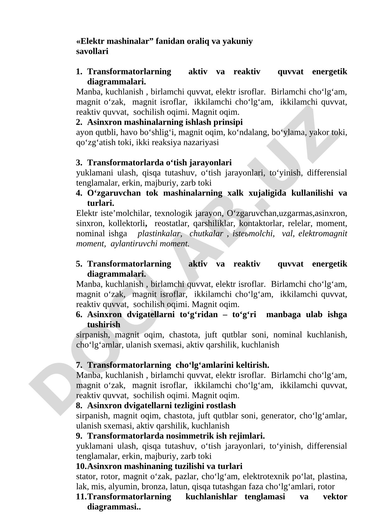 Elektr mashinalar fanidan oraliq va yakuniy savollari