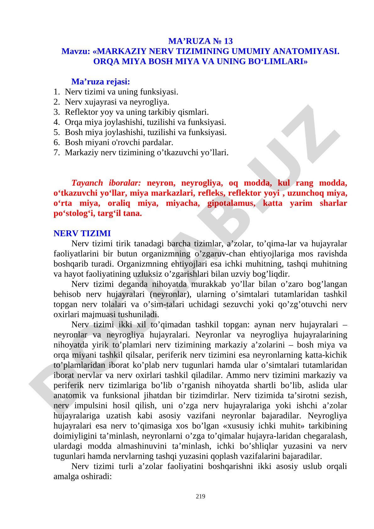 Markaziy nerv tizimining umumiy anatomiyasi. ORQA MIYA Bosh miya va uning bO‘limlari