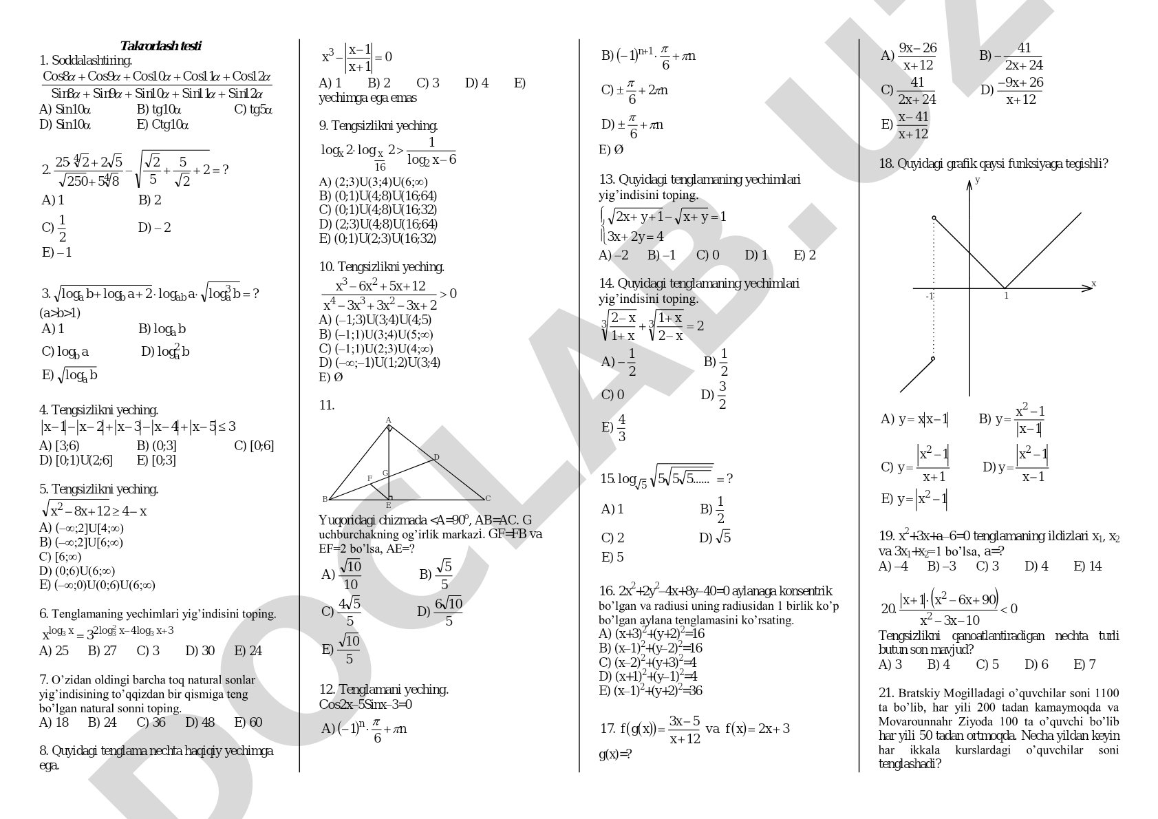 Matematika takrorlash testi: logarifmik ifodalar va tengsizliklar