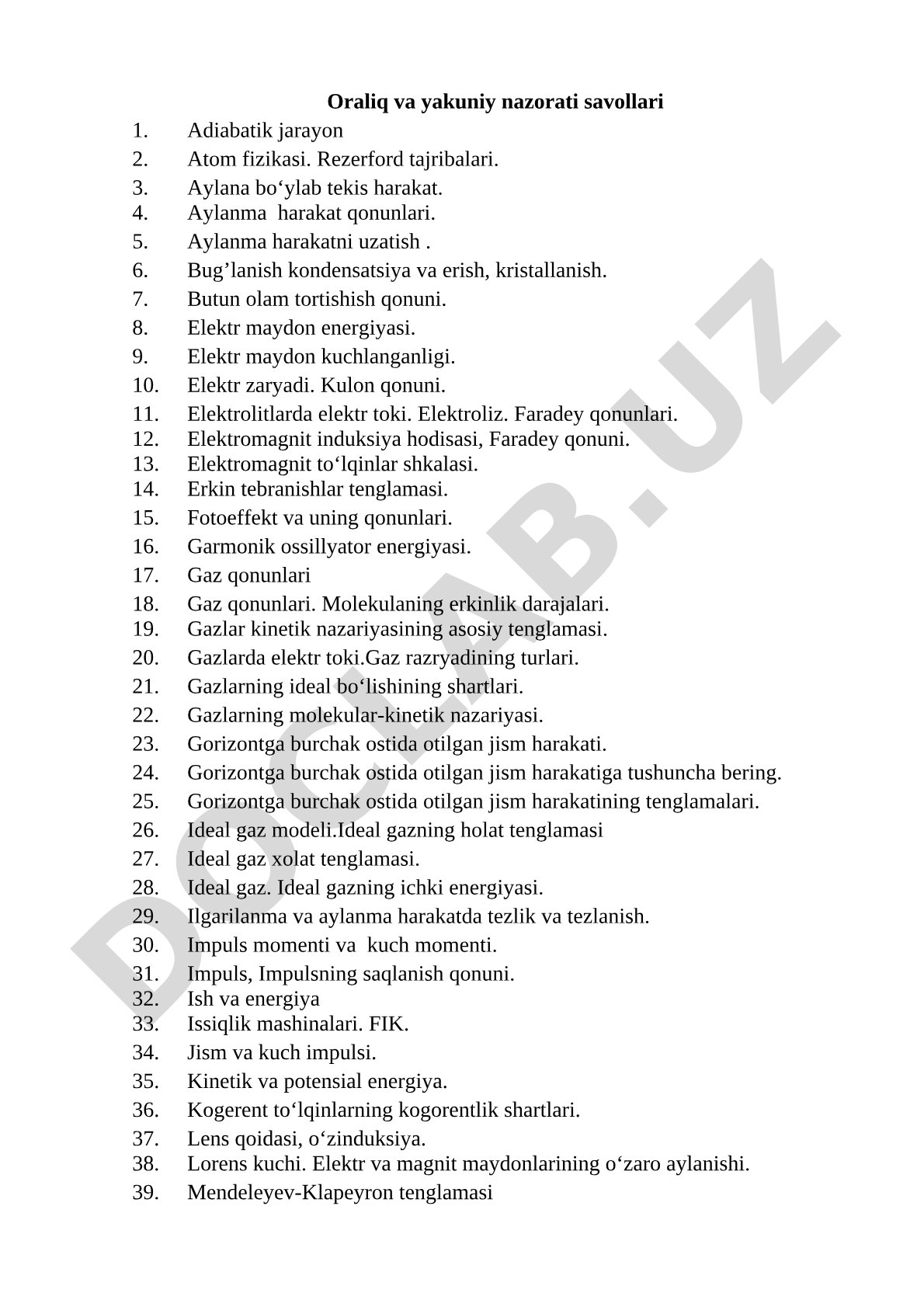 Oraliq va yakuniy nazorati savollari