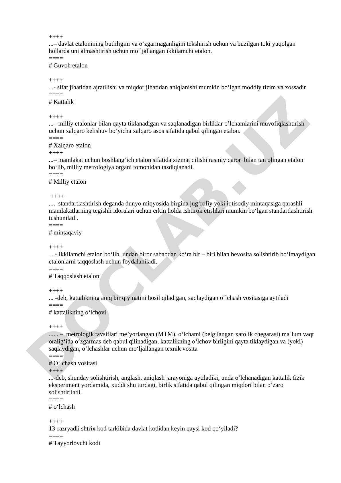 Metrologiya bo'yicha etalonlar va kattaliklar ta'riflari