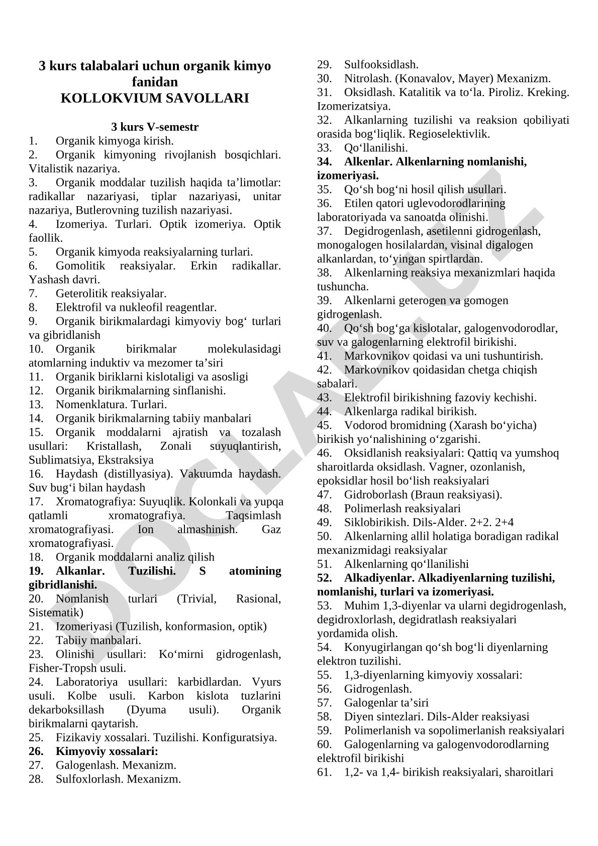 Organik kimyo fanidan kollokvium savollari