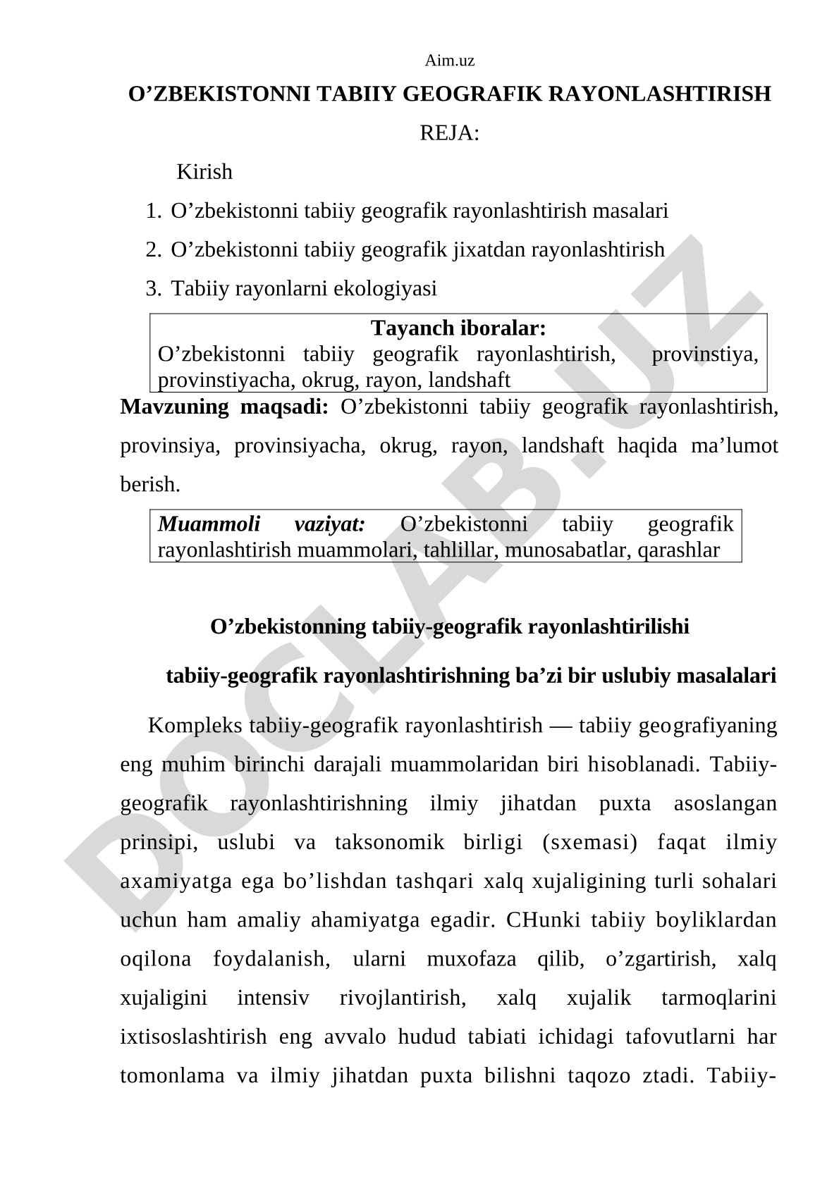 O'zbekistonni tabiiy geografik rayonlashtirish