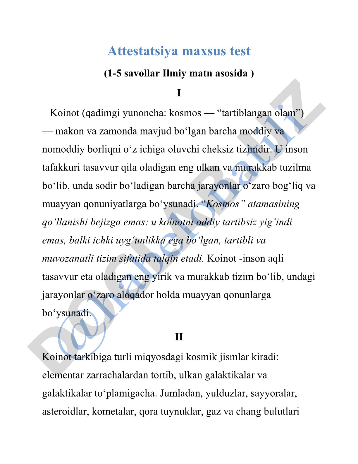 Koinot haqidagi ilmiy matn asosidagi attestatsiya testi