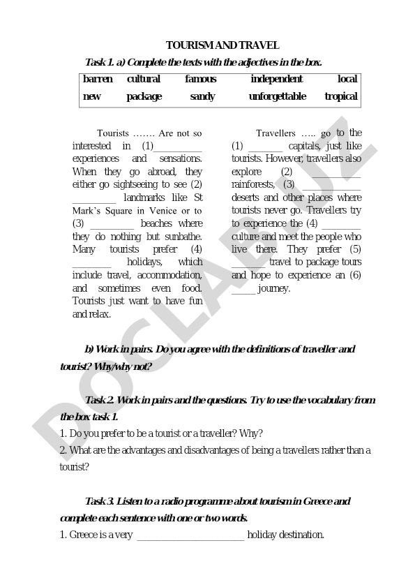 Tourism and Travel Vocabulary Exercises