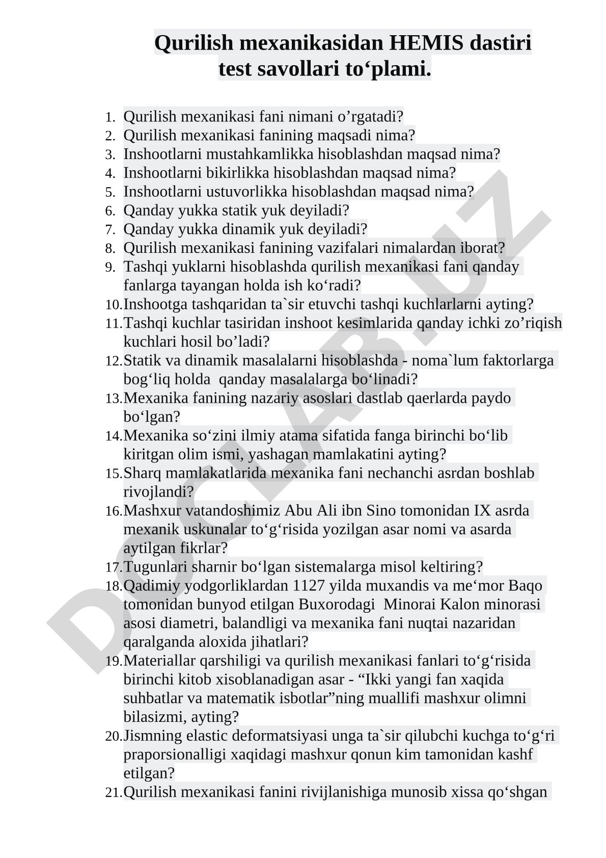 Qurilish mexanikasidan HEMIS dastiri test savollari to‘plami