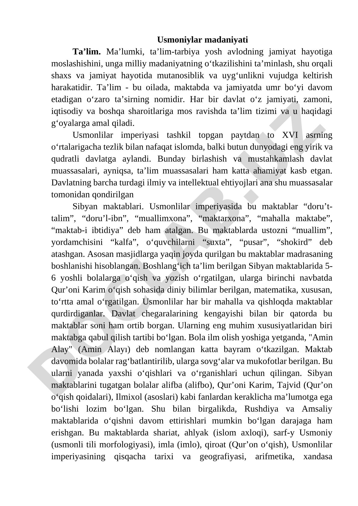 Usmonlilar imperiyasida ta'lim tizimi va Sibyan maktablari haqida