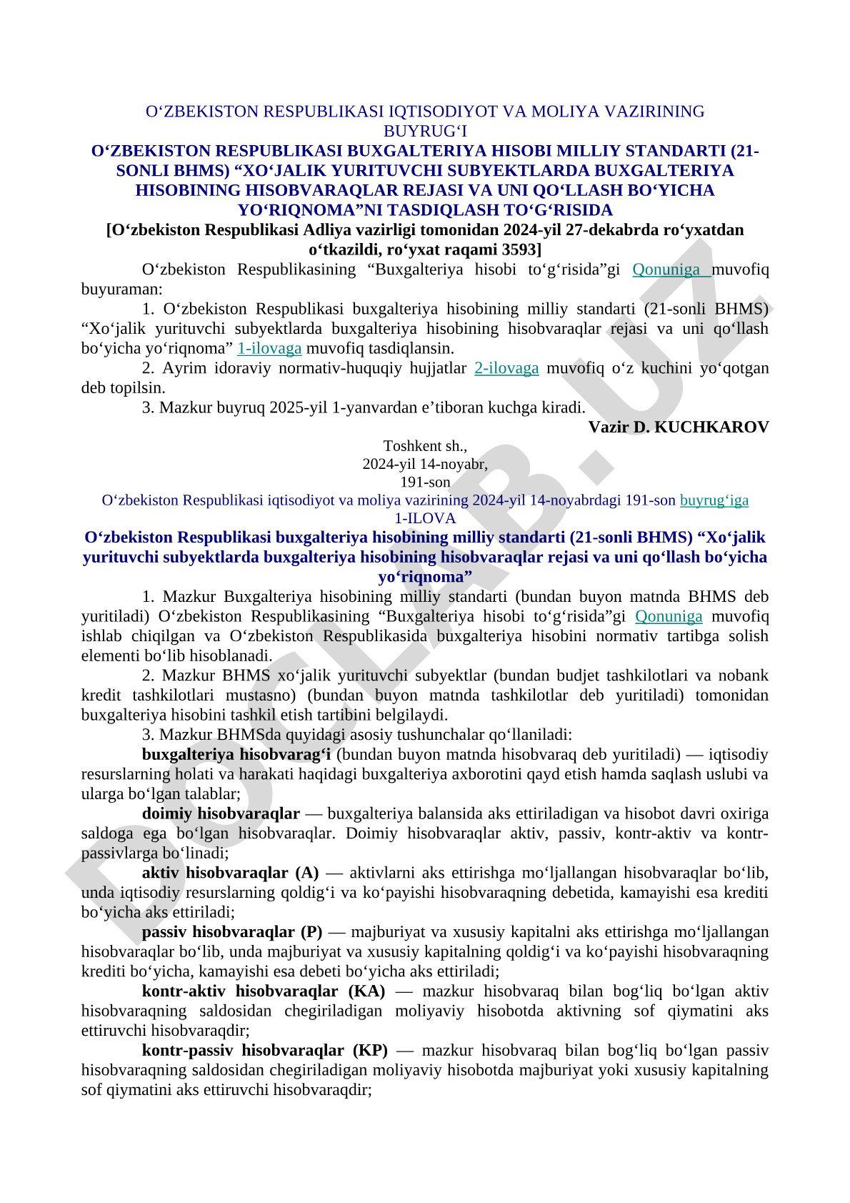 Xo'jalik yurituvchi subyektlarda buxgalteriya hisobining hisobvaraqlar rejasi va uni qo'llash bo'yicha yo'riqnoma