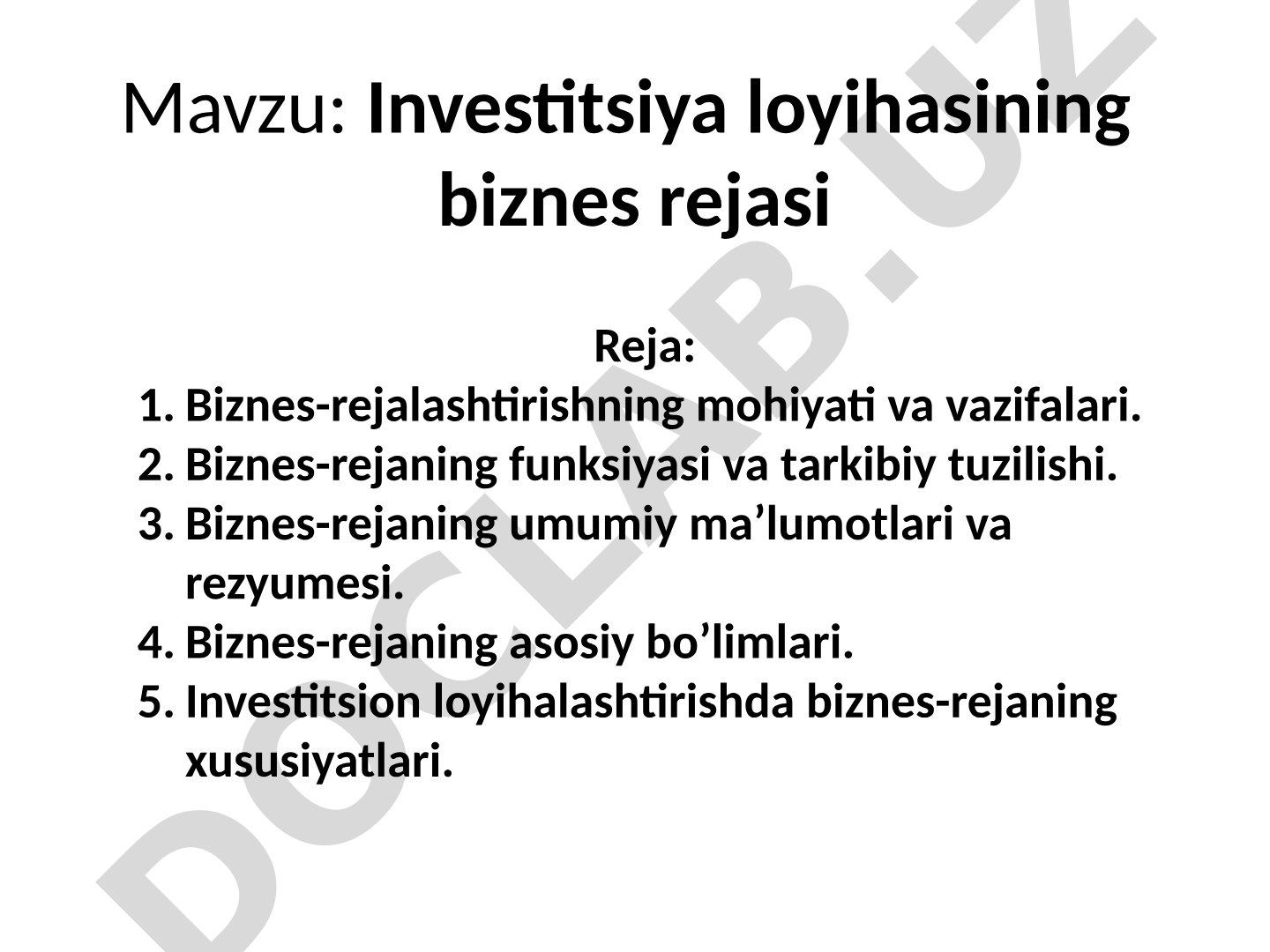 Investitsiya loyihasining biznes rejasi