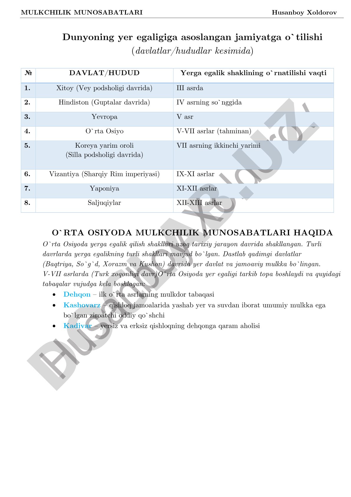 Turli davlatlarda yerga egalik shakllarining joriy etilish tarixi