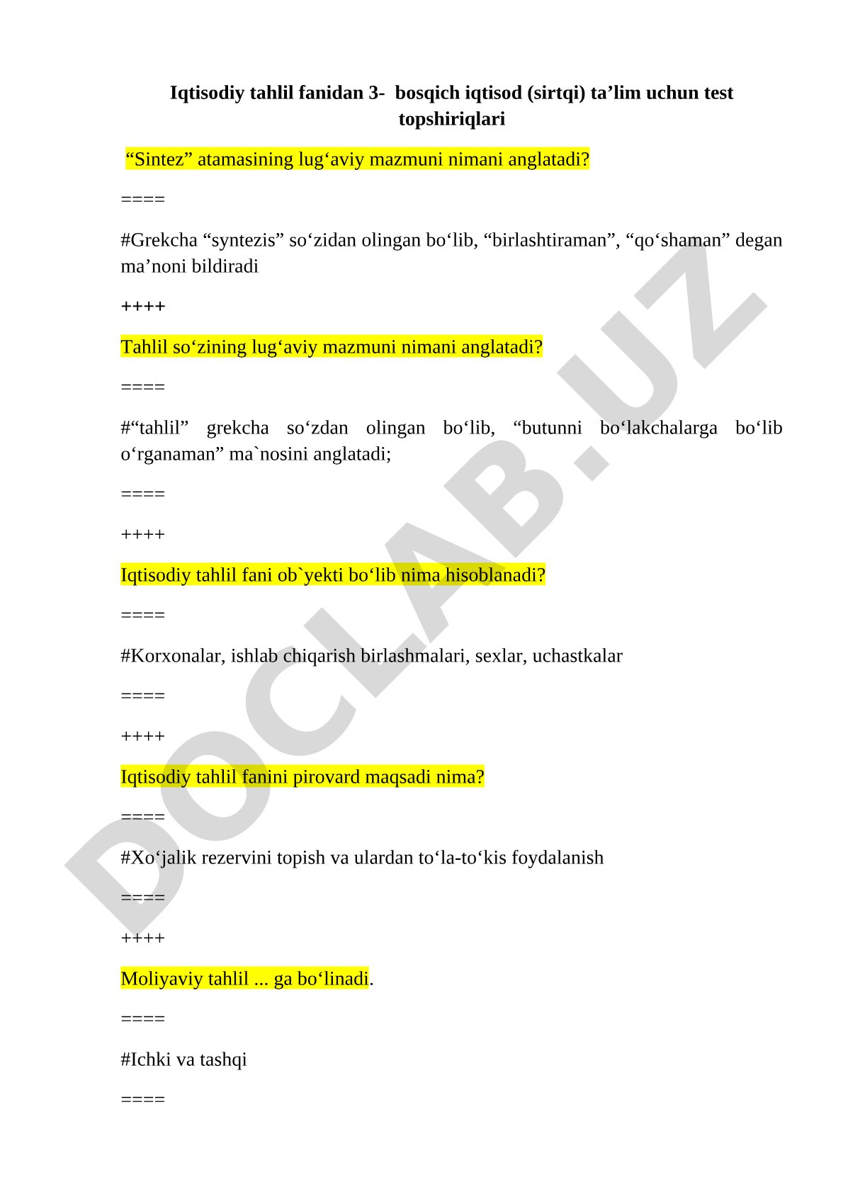 Iqtisodiy tahlil fanidan 3-bosqich test topshiriqlari