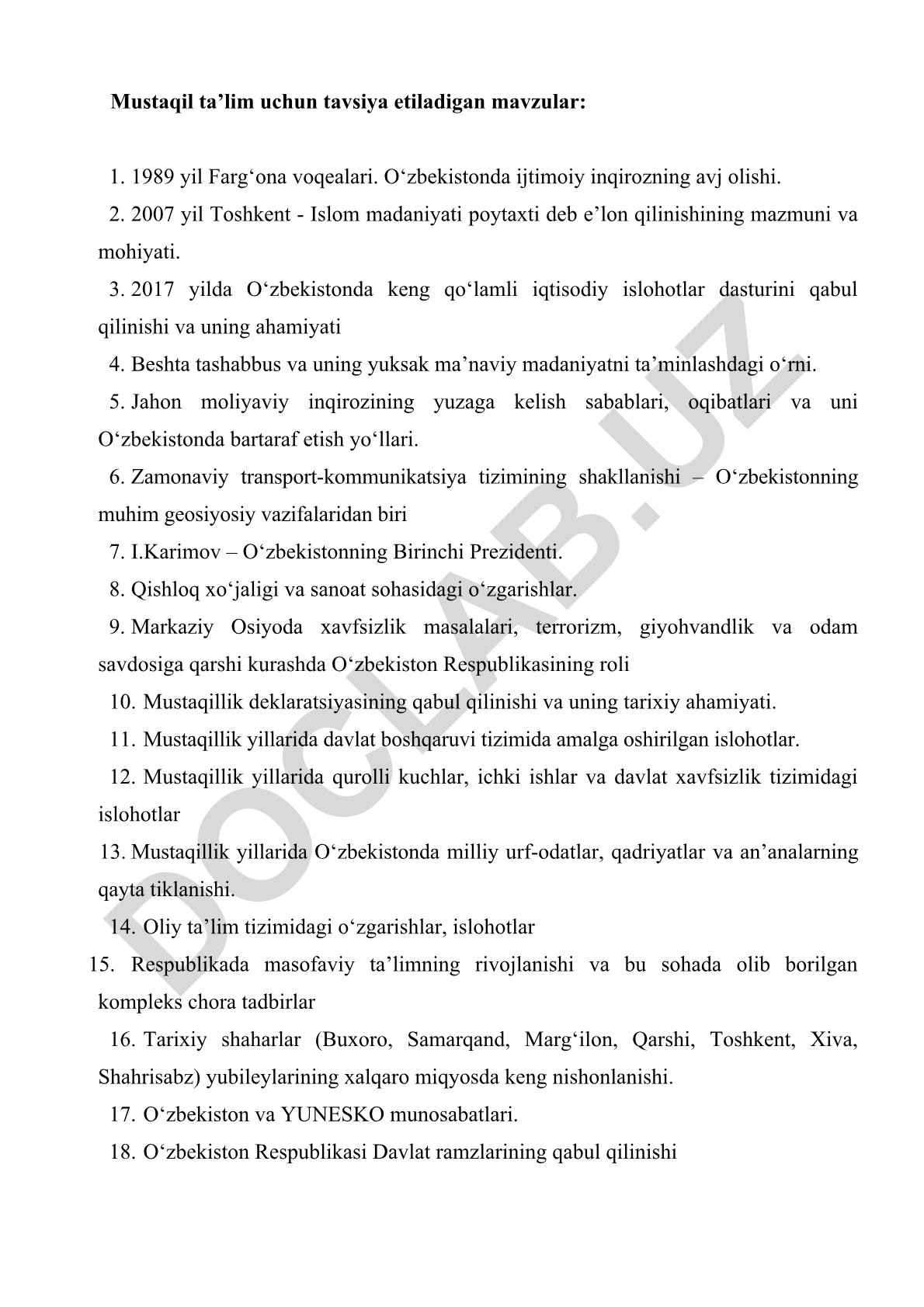 Mustaqil ta'lim uchun tavsiya etiladigan mavzular