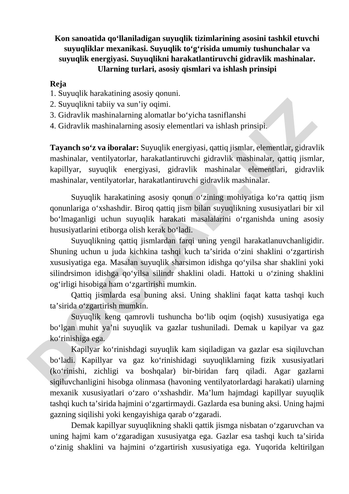 Kon sanoatida qo‘llaniladigan suyuqlik tizimlarining asosini tashkil etuvchi suyuqliklar mexanikasi