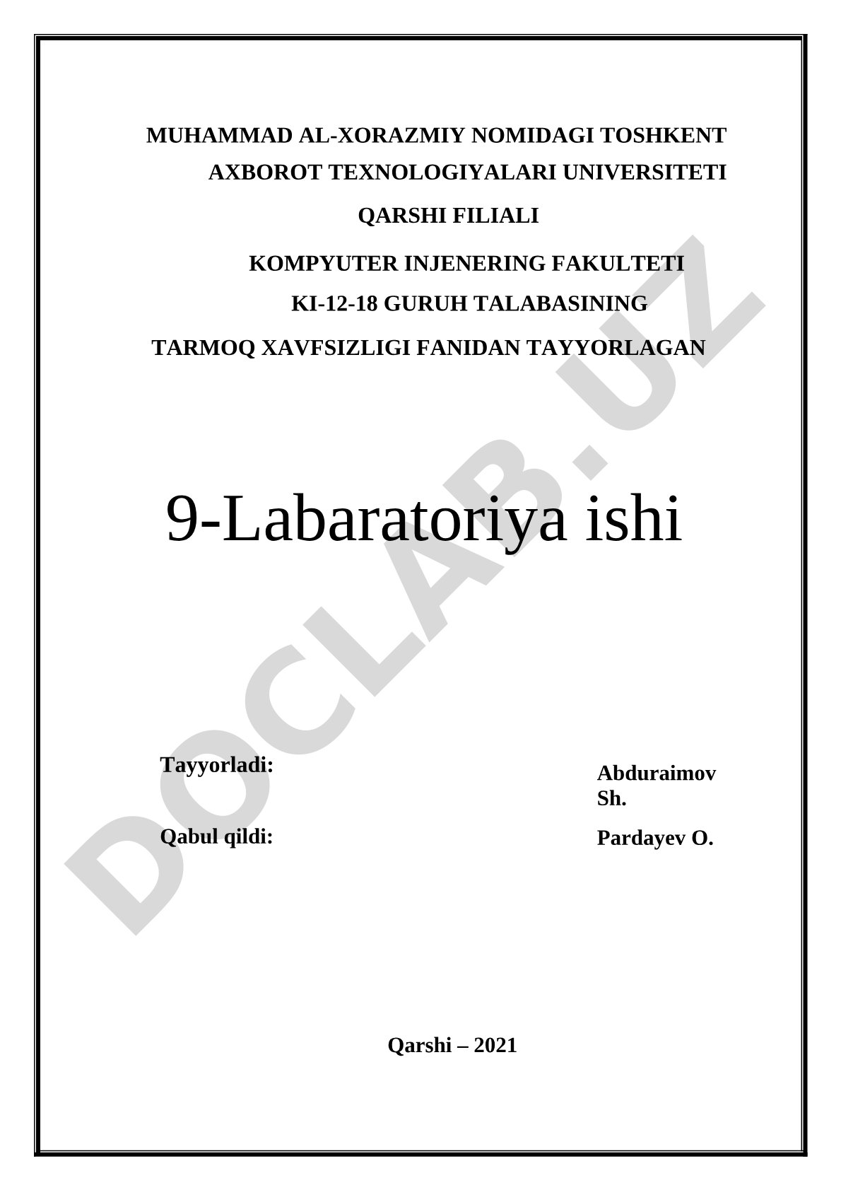 Tarmoq xavfsizligi fanidan 9-labaratoriya ishi