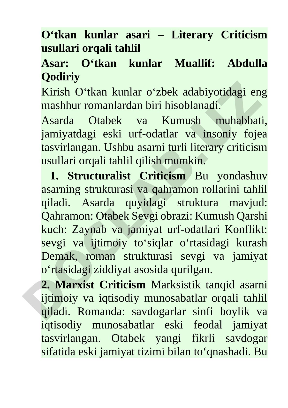 O‘tkan kunlar asari – Literary Criticism usullari orqali tahlil