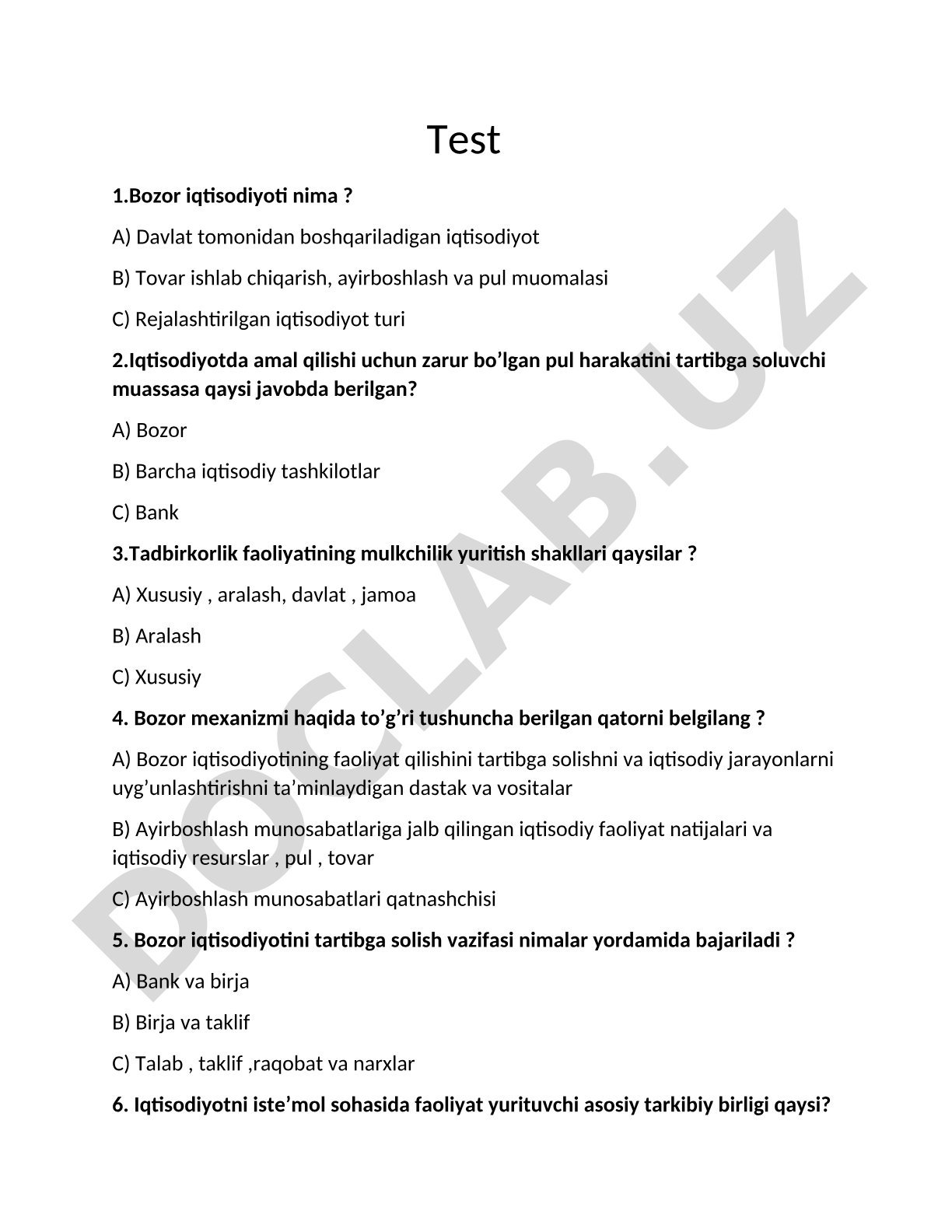 Bozor iqtisodiyoti bo'yicha test savollari