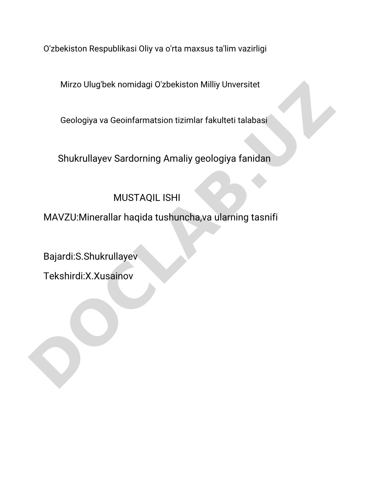 Minerallar haqida tushuncha, va ularning tasnifi