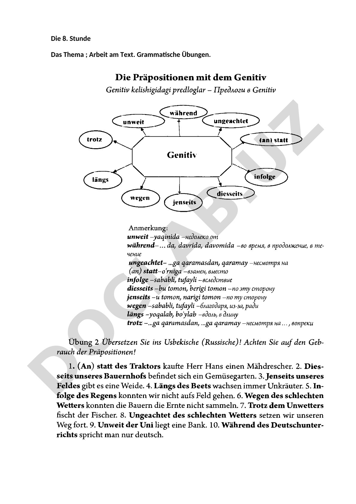 Arbeit am Text. Grammatische Übungen.