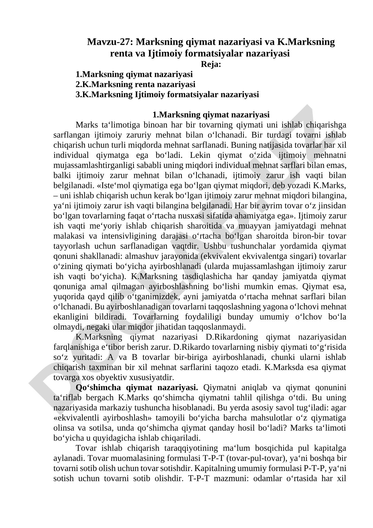 Marksning qiymat nazariyasi va renta va ijtimoiy formatsiyalar nazariyasi