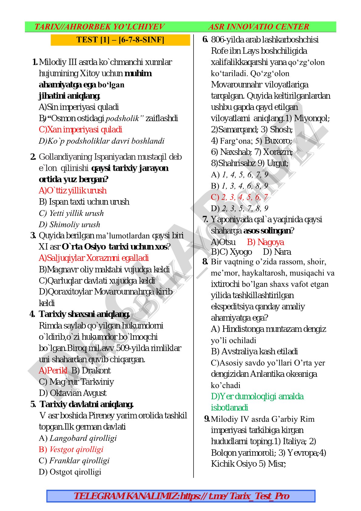 Tarix fanidan test savollari (6-8 sinf)
