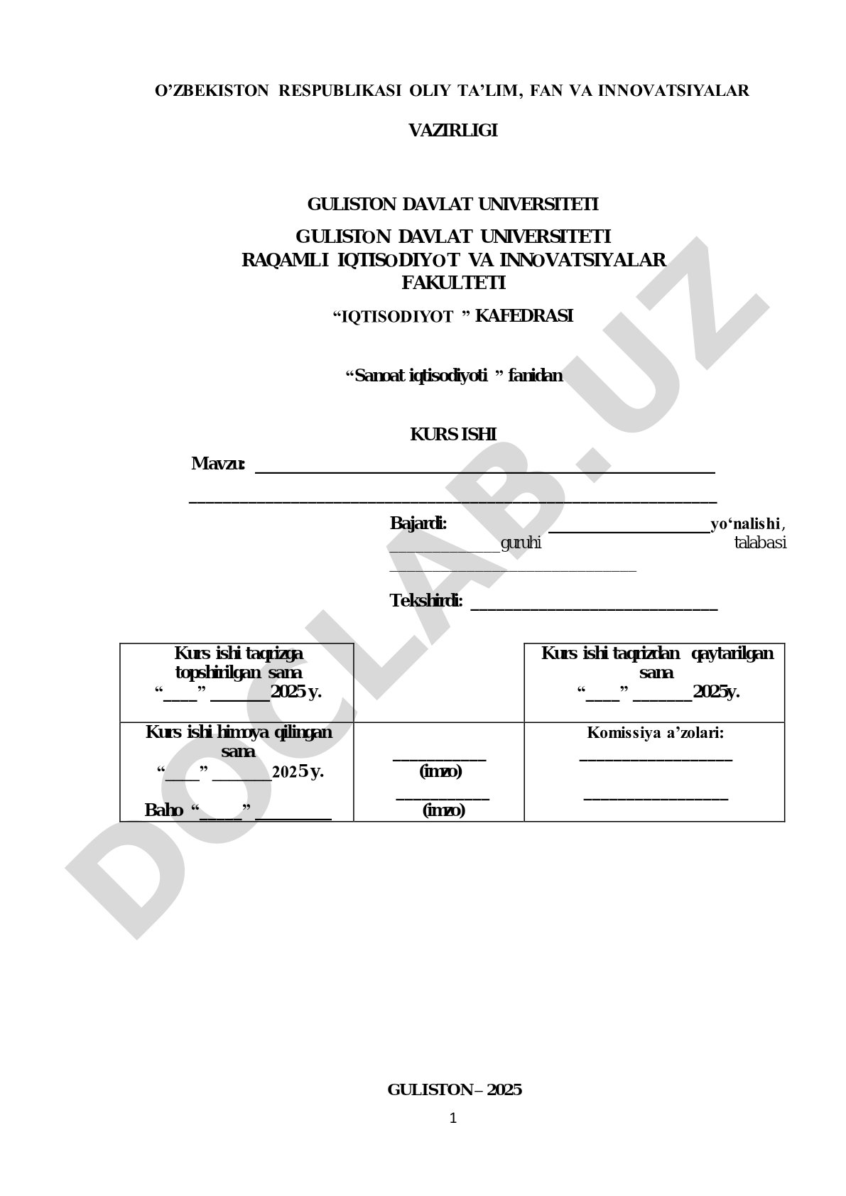 Sanoat iqtisodiyoti fanidan kurs ishi