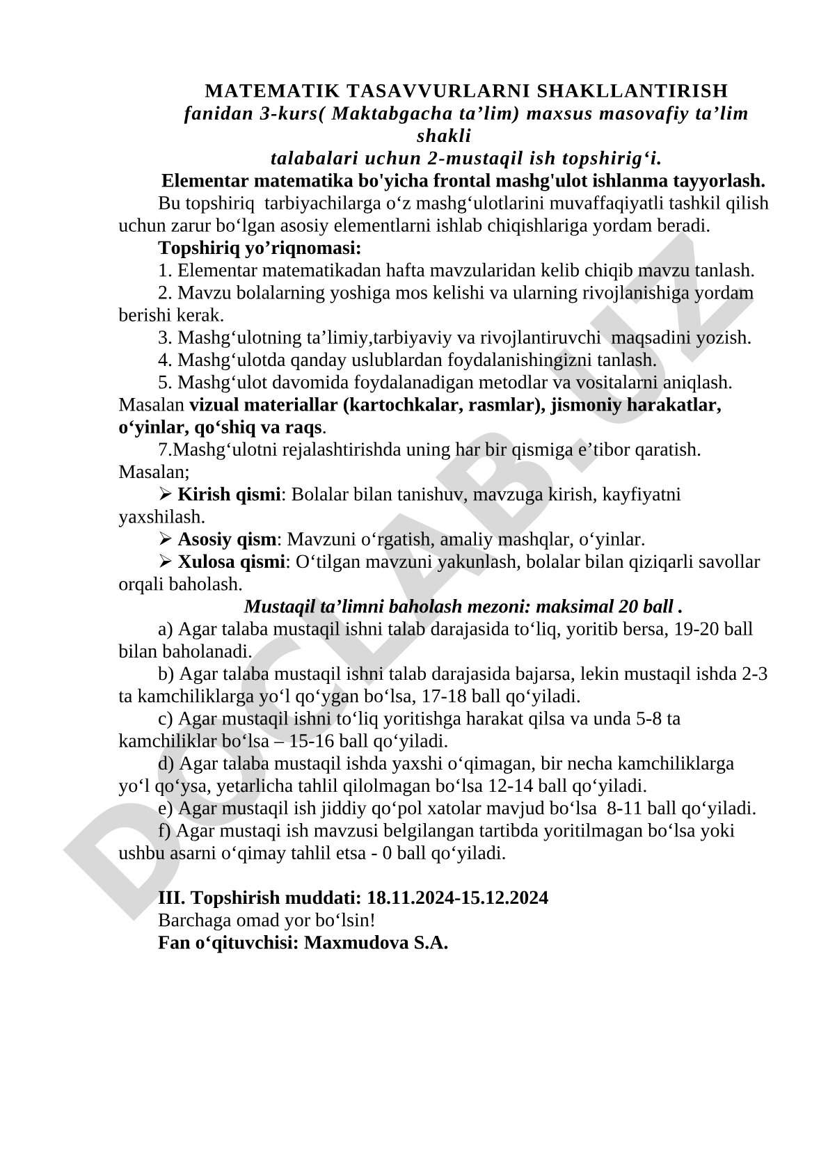 Maktabgacha ta'lim uchun elementar matematika bo'yicha frontal mashg'ulot ishlanma tayyorlash