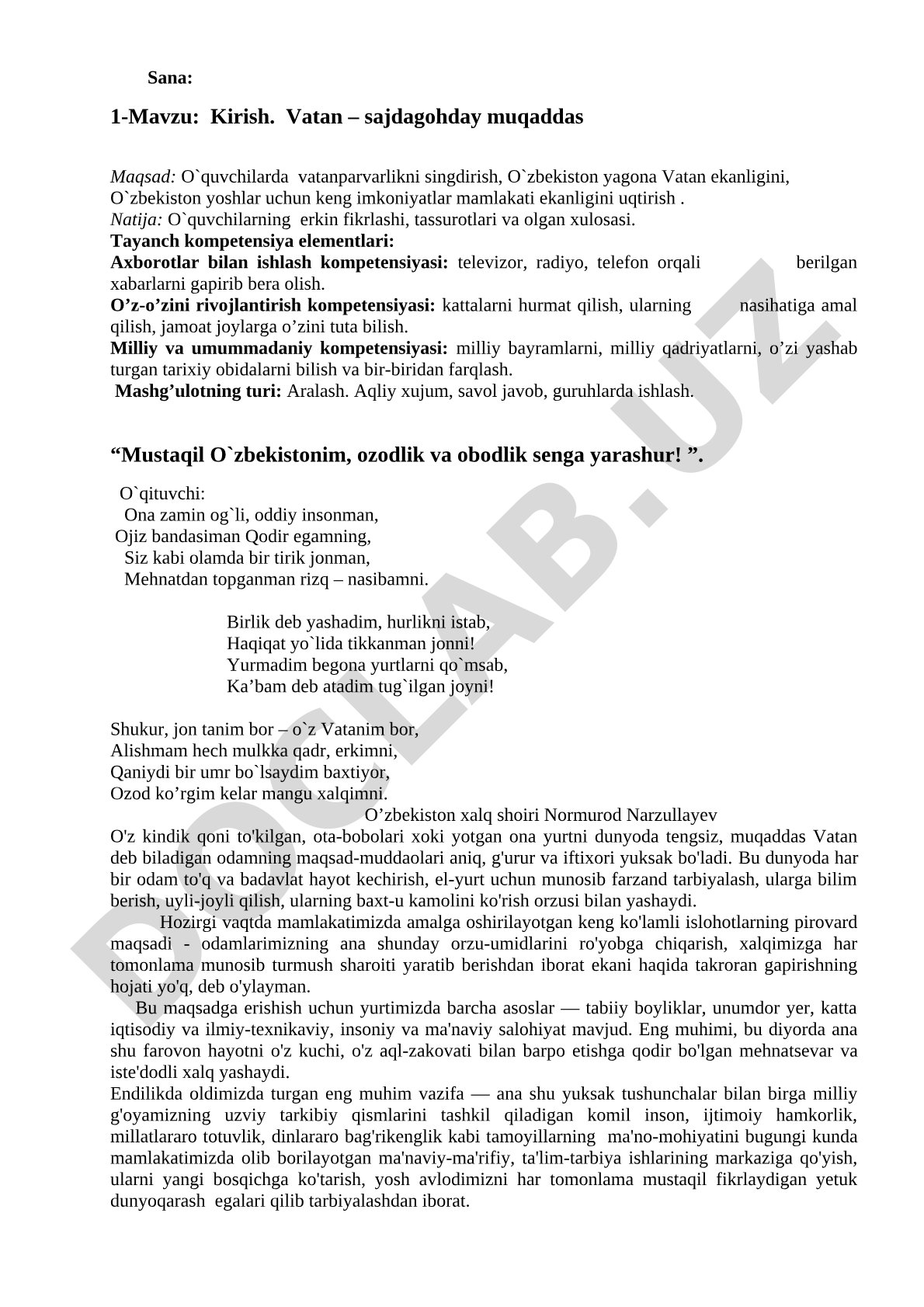 Kirish. Vatan – sajdagohday muqaddas