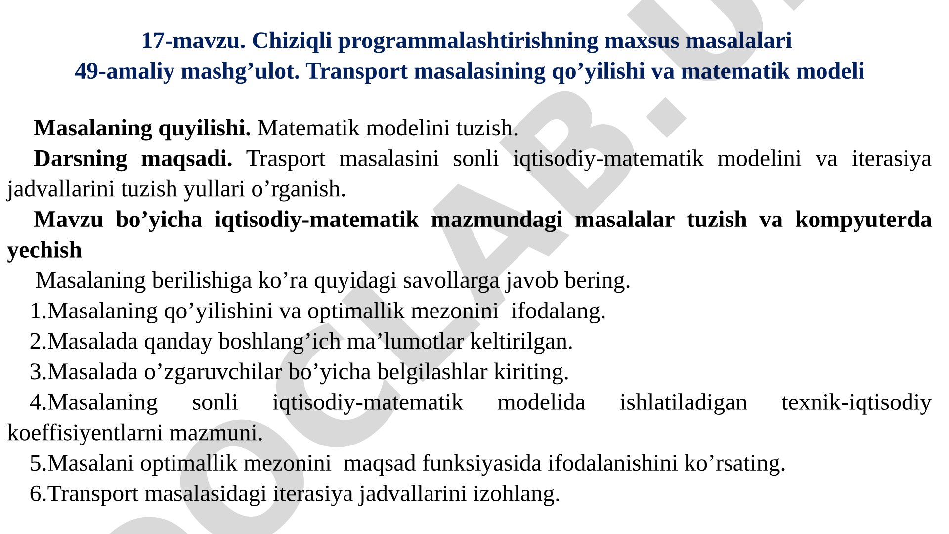 Transport masalasining qo’yilishi va matematik modeli