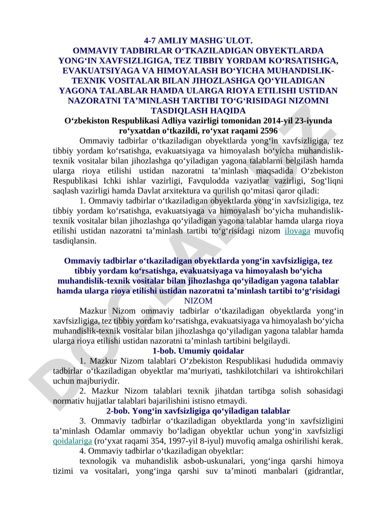 Ommaviy tadbirlar o‘tkaziladigan obyektlarda yong‘in xavfsizligi va tez tibbiy yordam talablari