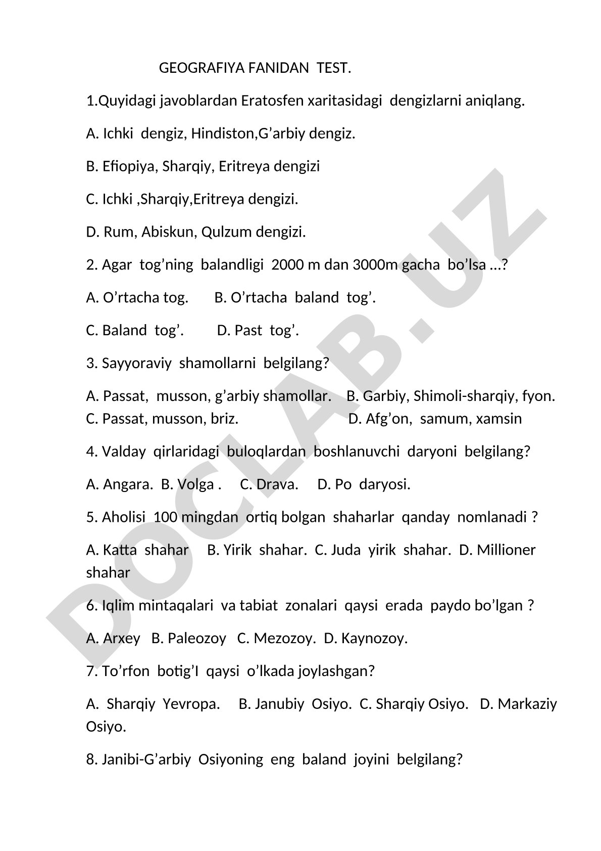 Geografiya fanidan test savollari