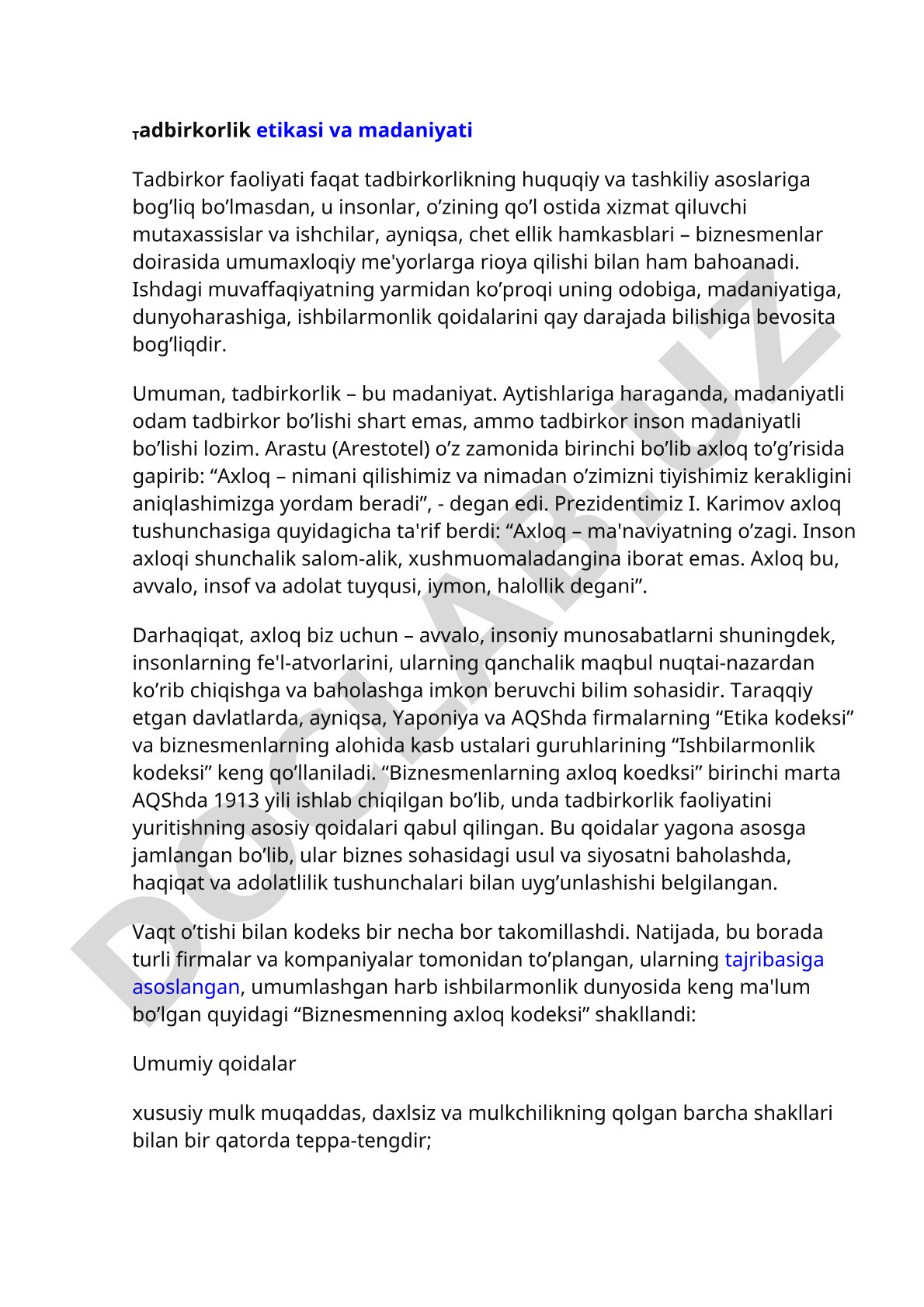 Tadbirkorlik etikasi va madaniyati