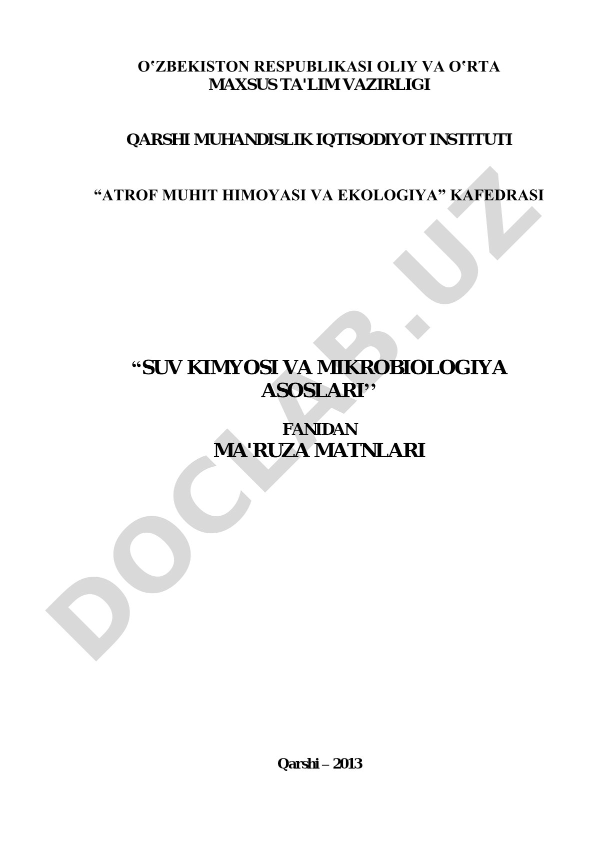 Suv kimyosi va mikrobiologiya asoslari