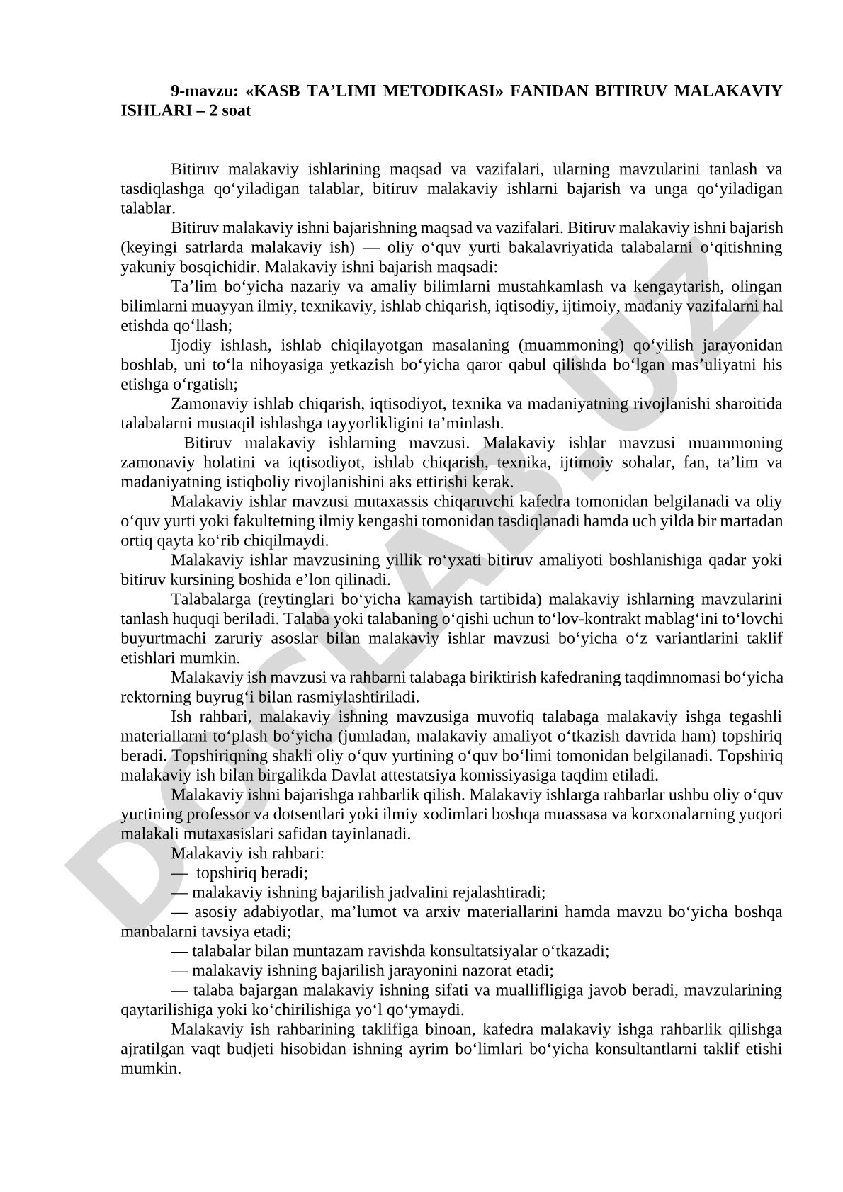 KASB TA’LIMI METODIKASI FANIDAN BITIRUV MALAKAVIY ISHLARI