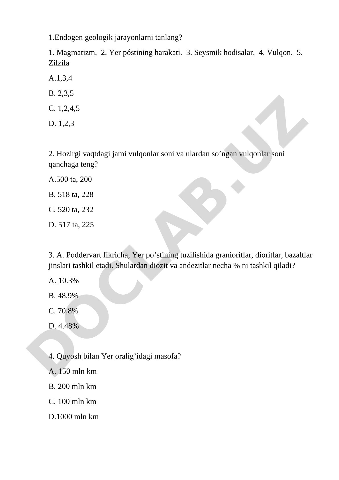 Endogen geologik jarayonlar va vulqonlar haqida test savollari