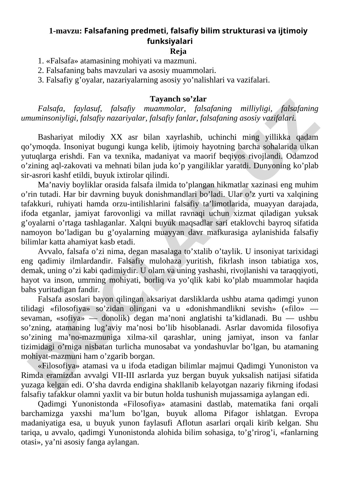 Falsafaning predmeti, falsafiy bilim strukturasi va ijtimoiy funksiyalari