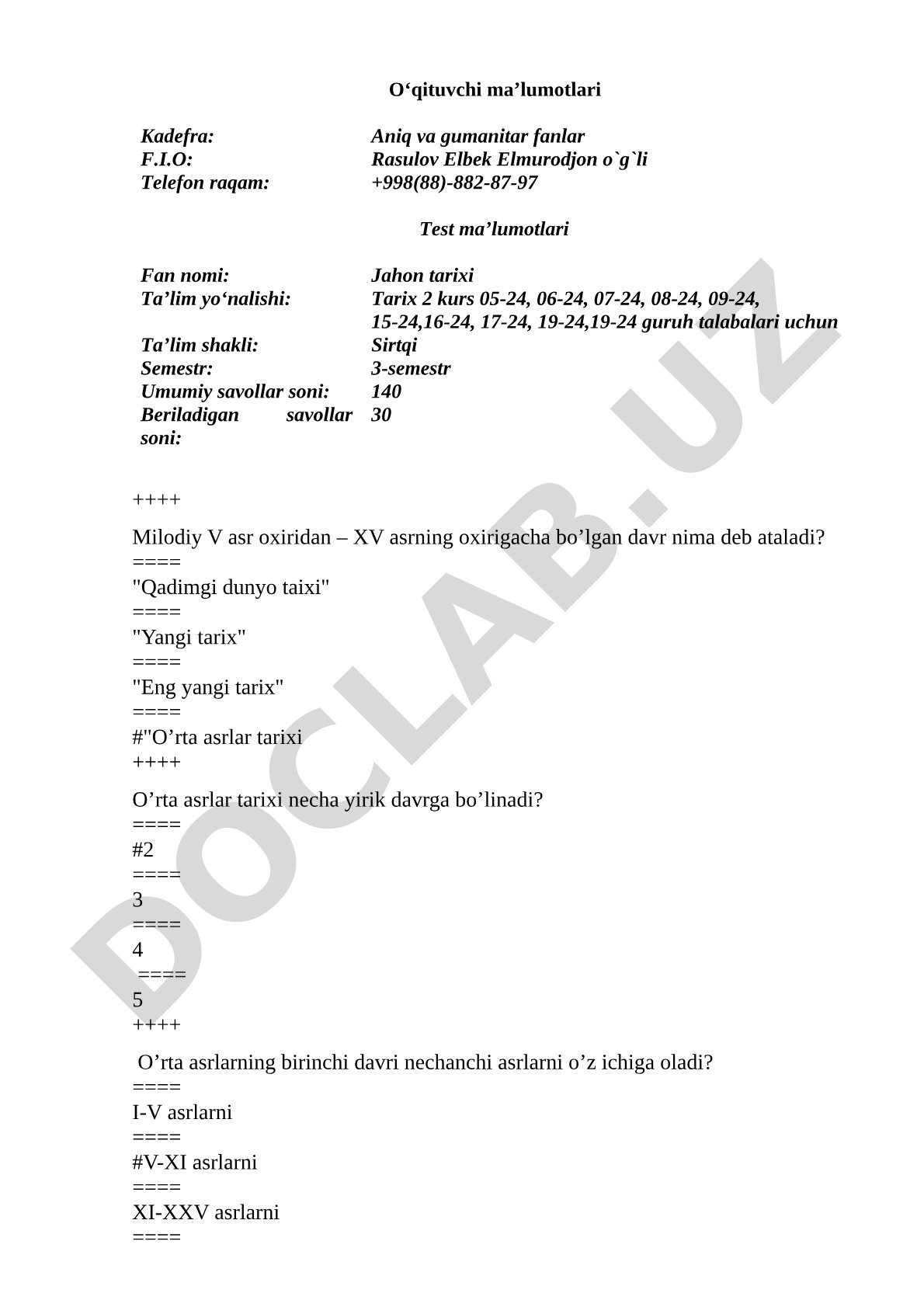 Jahon tarixi fanidan test savollari