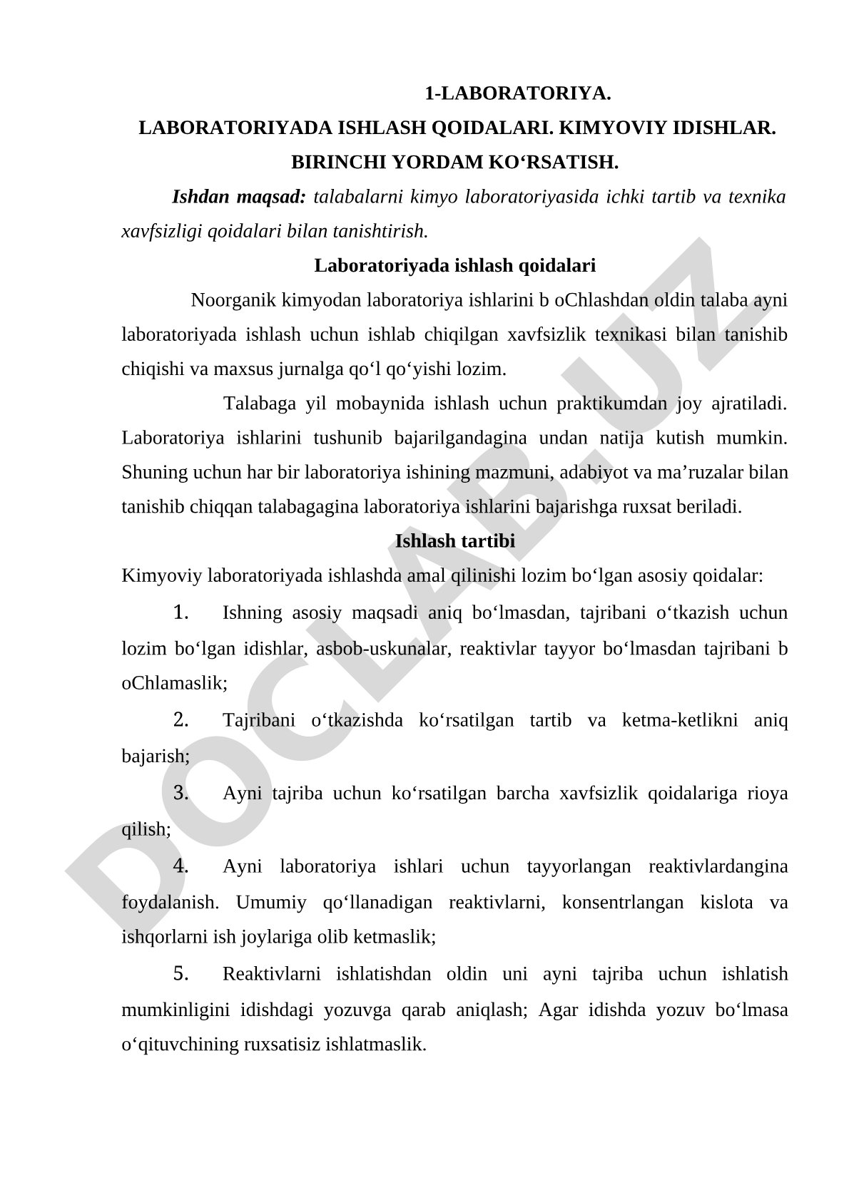 Laboratoriyada ishlash qoidalari, kimyoviy idishlar va birinchi yordam