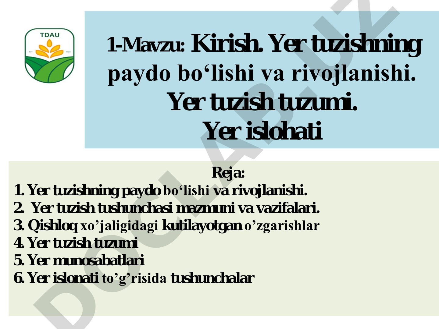 Yer tuzishning paydo bo‘lishi, rivojlanishi, tuzumi va islohoti