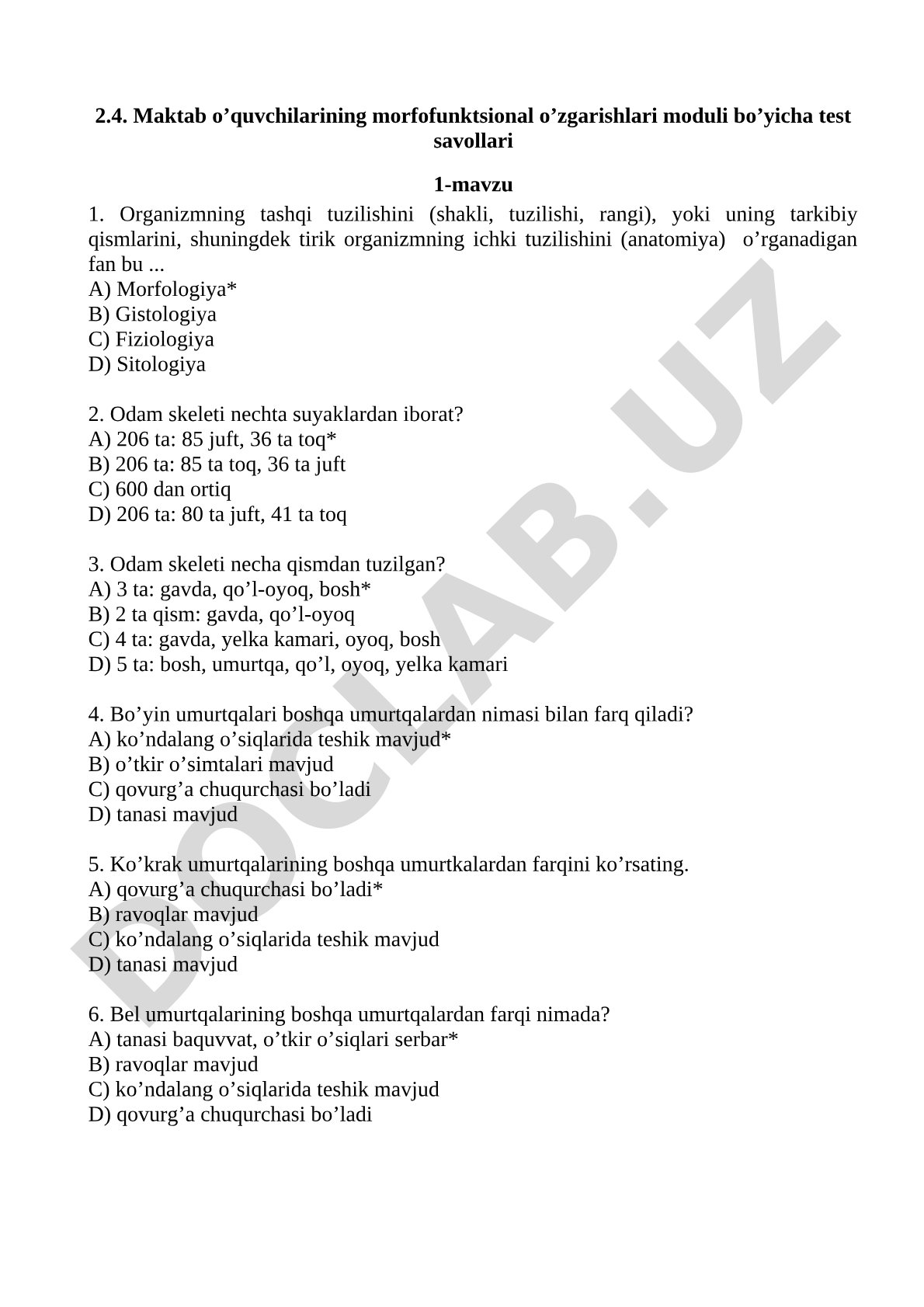 Maktab o'quvchilarining morfofunktsional o'zgarishlari moduli bo'yicha test savollari