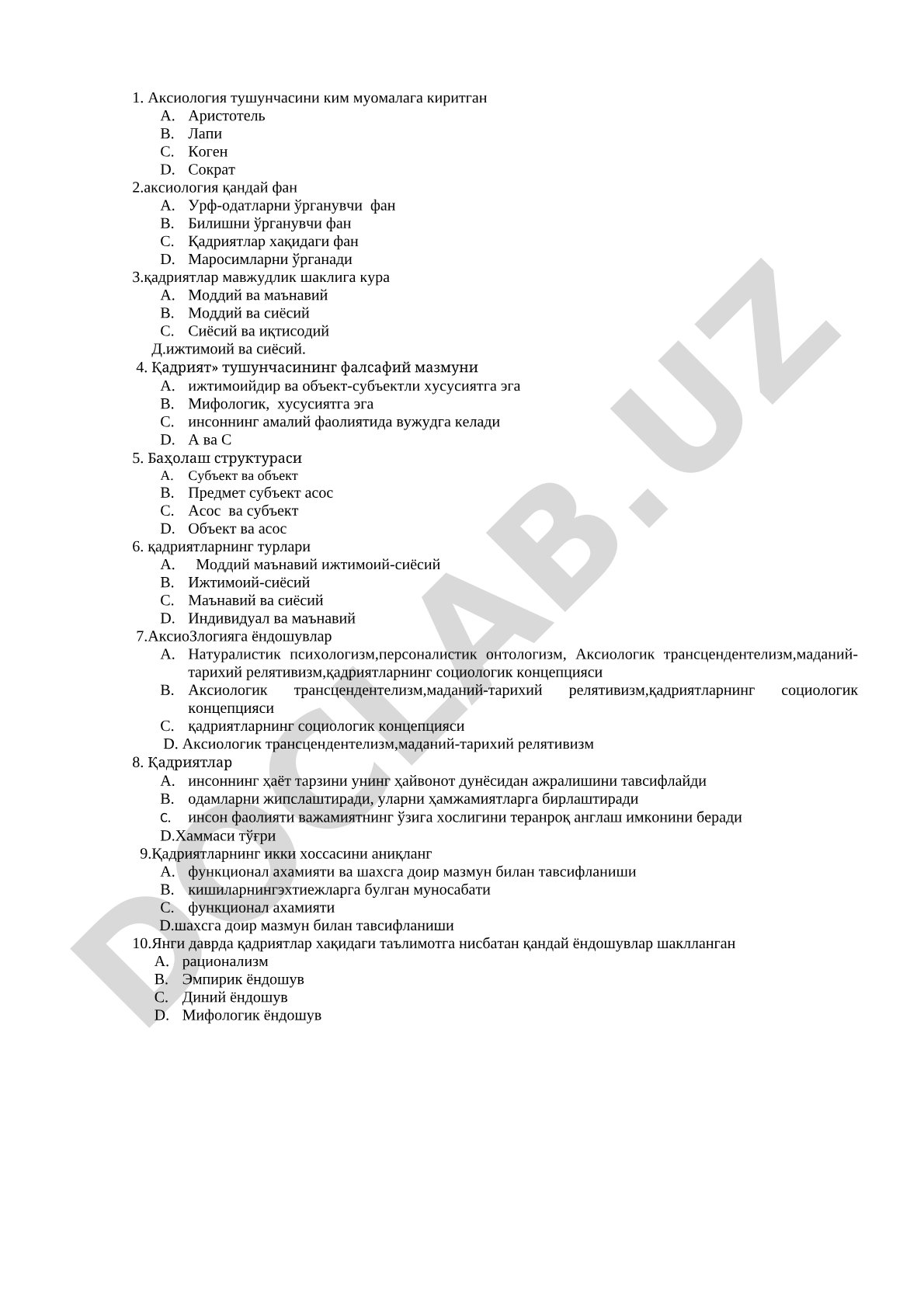 Aksiologiya fanidan test savollari
