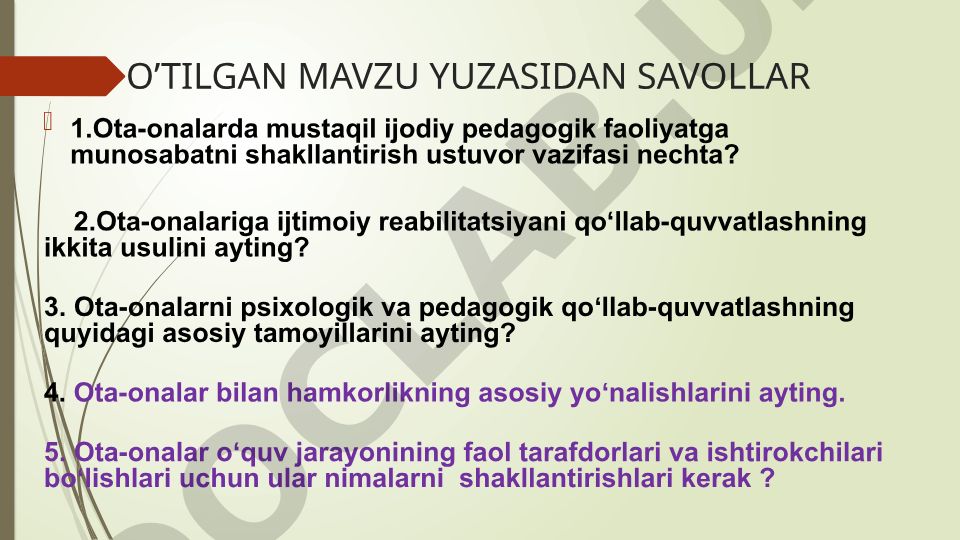 Gospital pedagogika asoslari va ota-onalar bilan hamkorlik