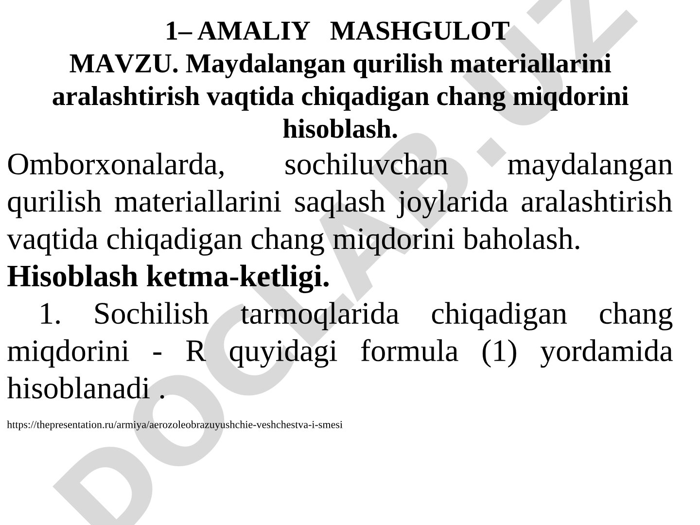 Maydalangan qurilish materiallarini aralashtirish vaqtida chiqadigan chang miqdorini hisoblash