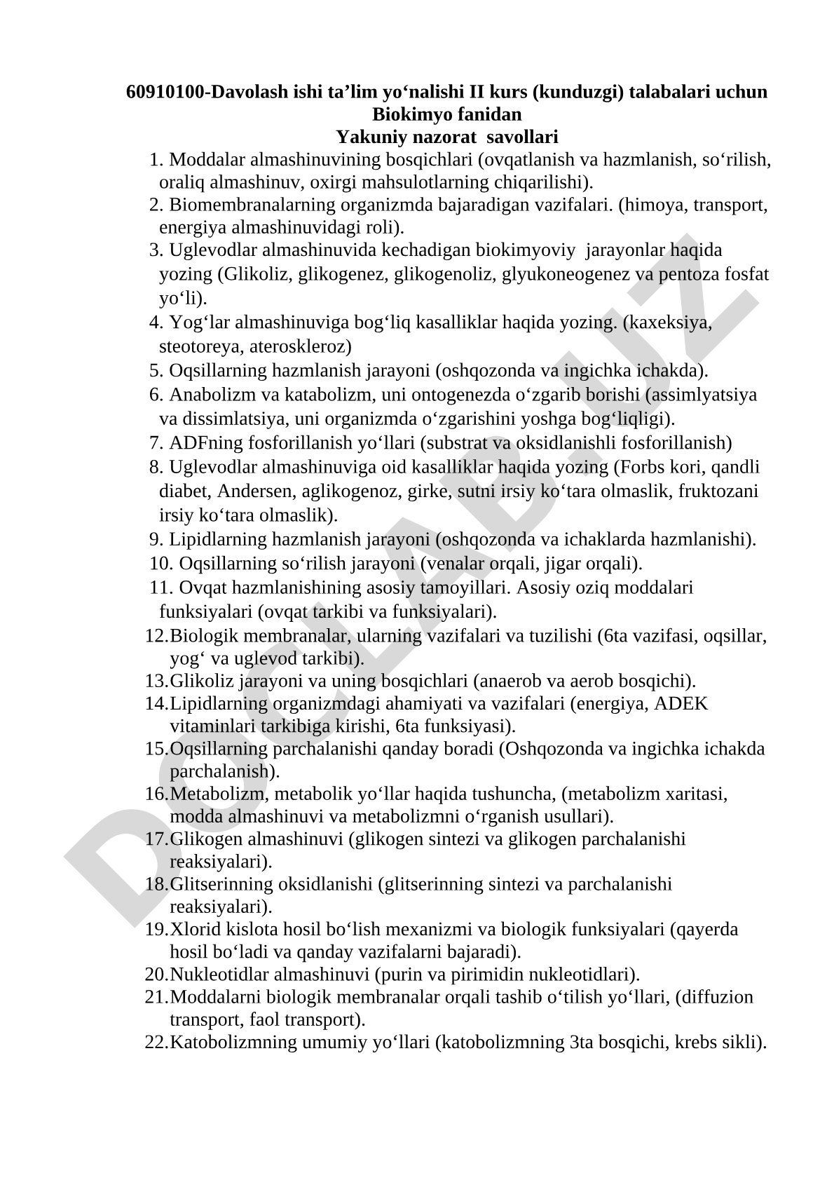 Biokimyo fanidan Yakuniy nazorat savollari