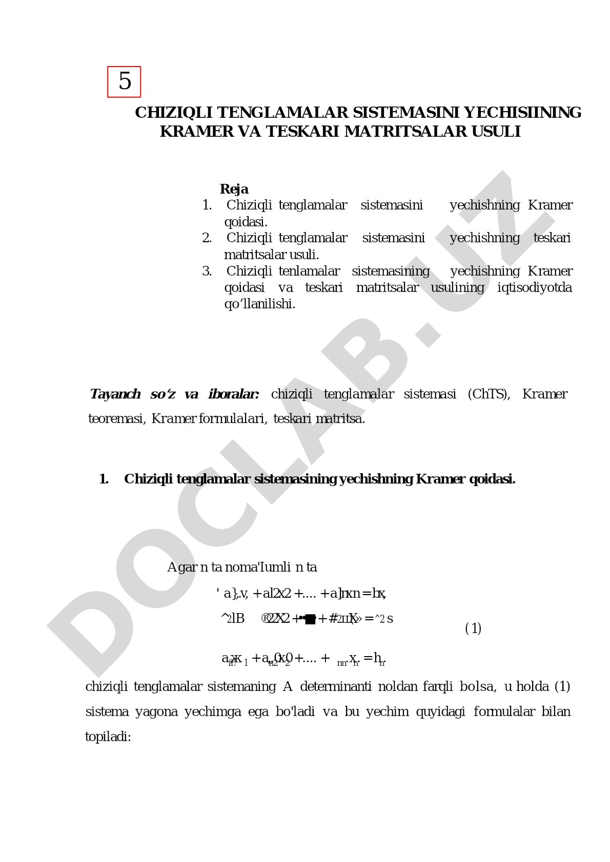 Chiziqli tenglamalar sistemasini yechishning Kramer va teskari matritsalar usuli