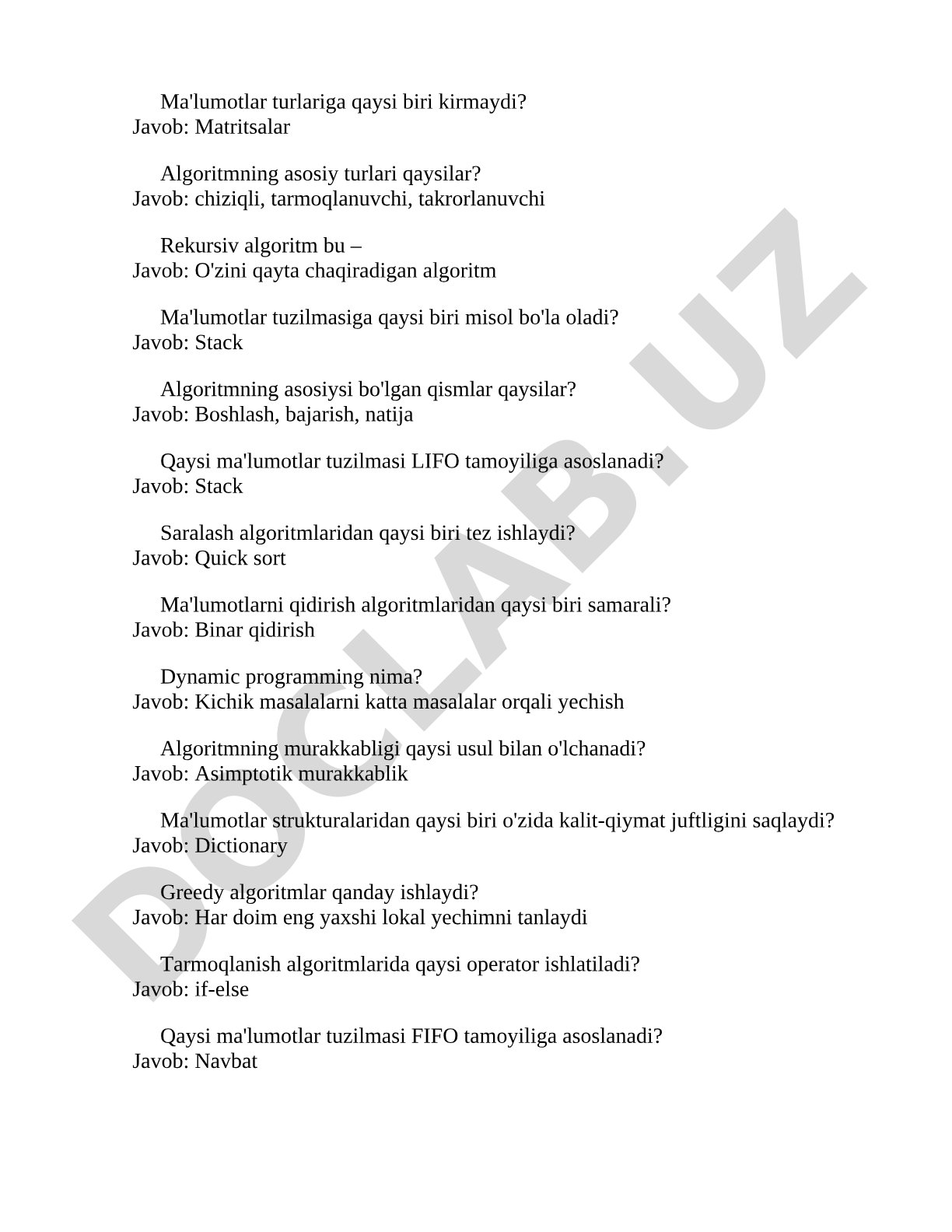 Algoritmlar va ma'lumotlar tuzilmalari bo'yicha savol-javoblar