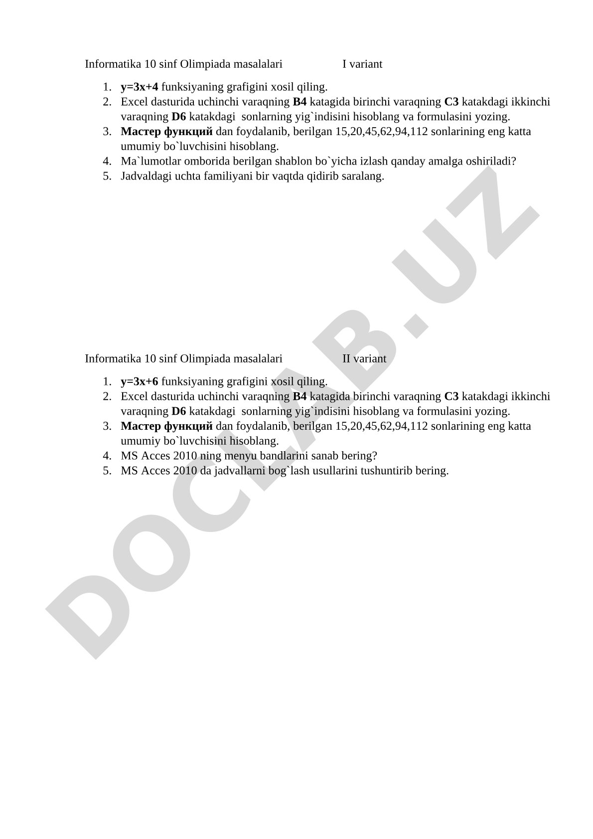 Informatika 10-sinf olimpiada masalalari: Excel va MS Access topshiriqlari