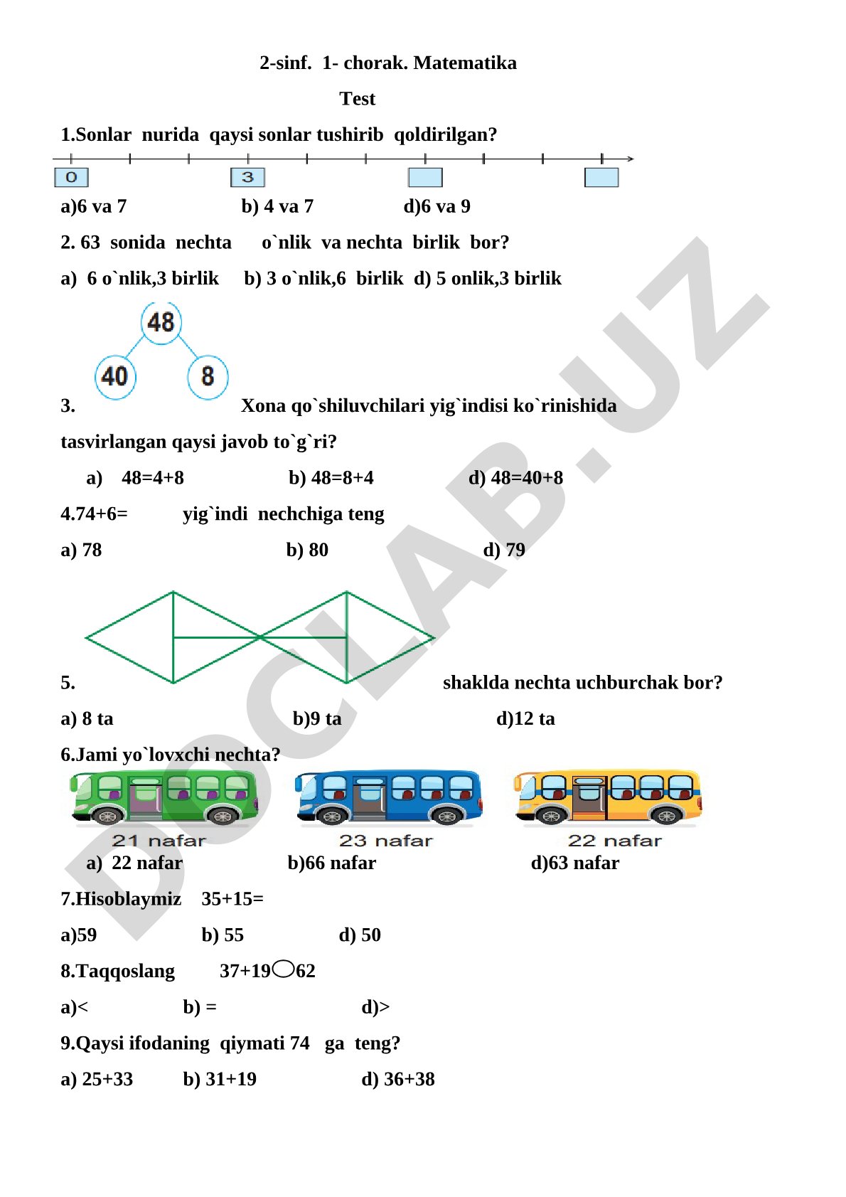 2-sinf. 1- chorak. Matematika Test 1.
