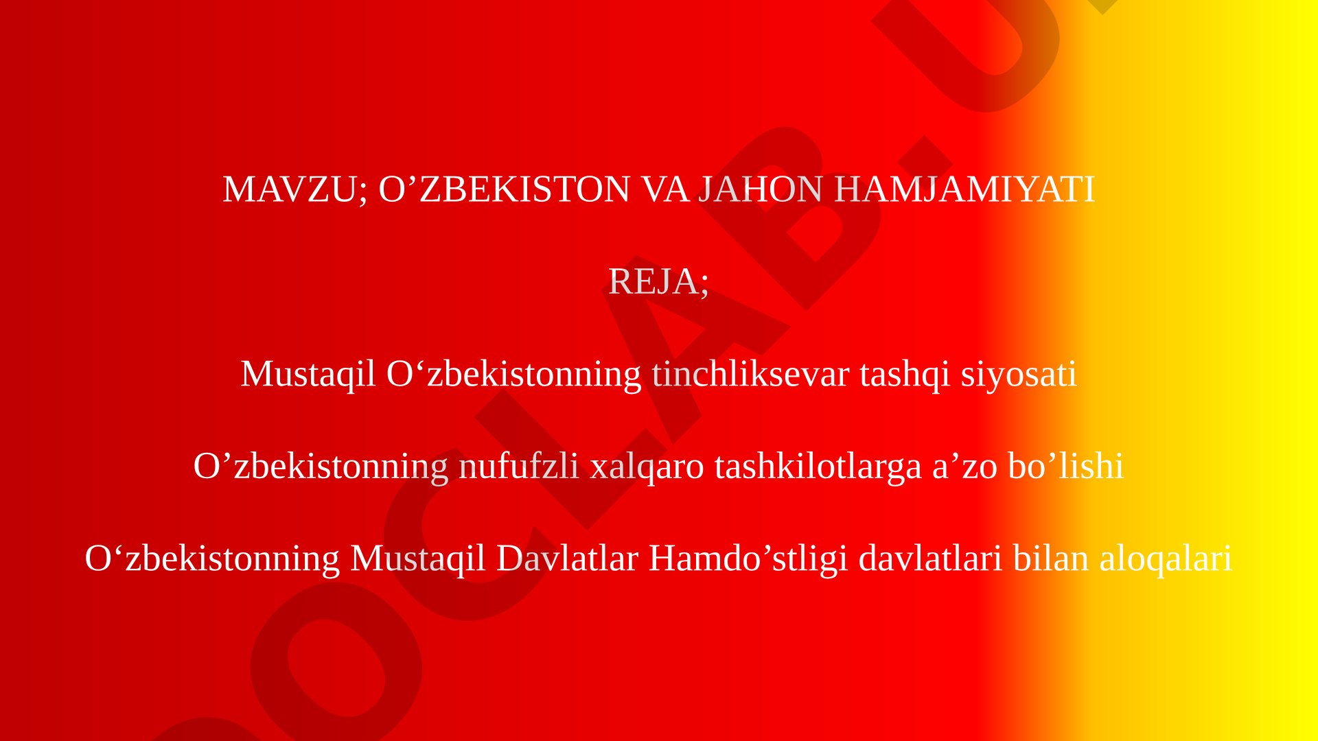 O'zbekiston va jahon hamjamiyati