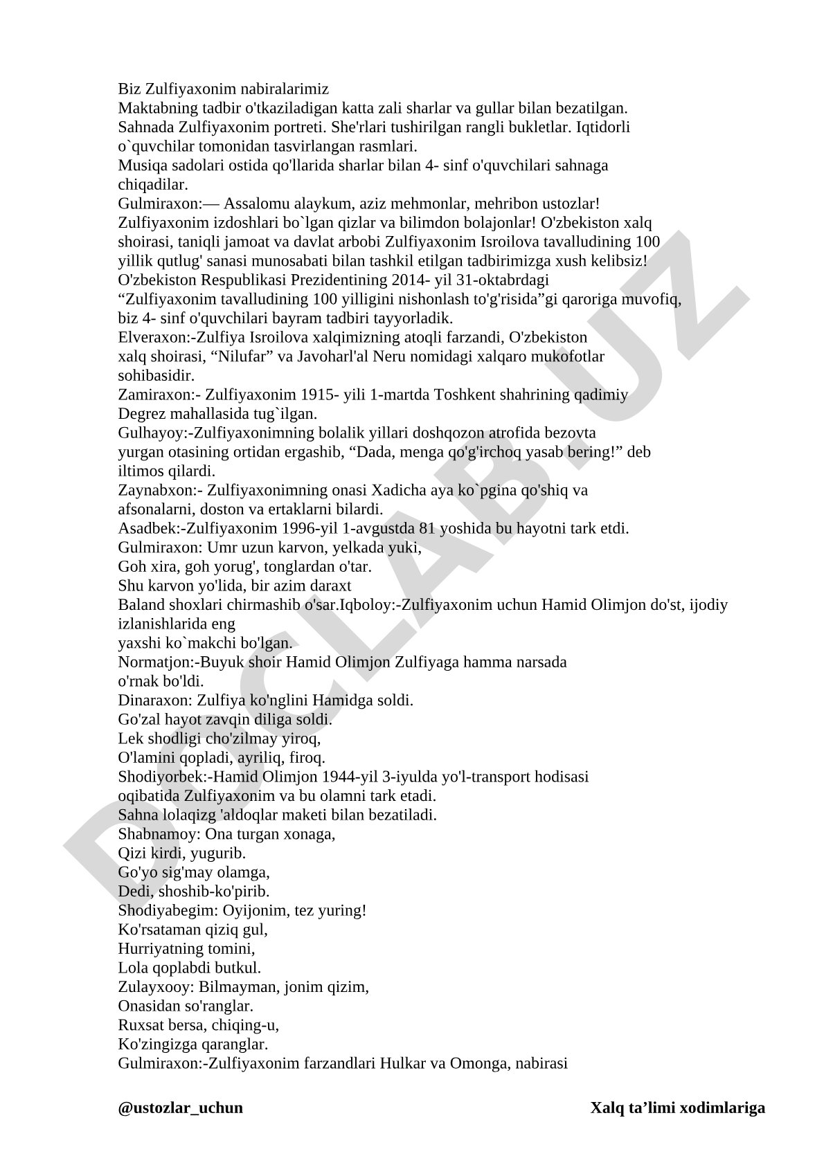Zulfiyaxonim tavalludining 100 yilligi